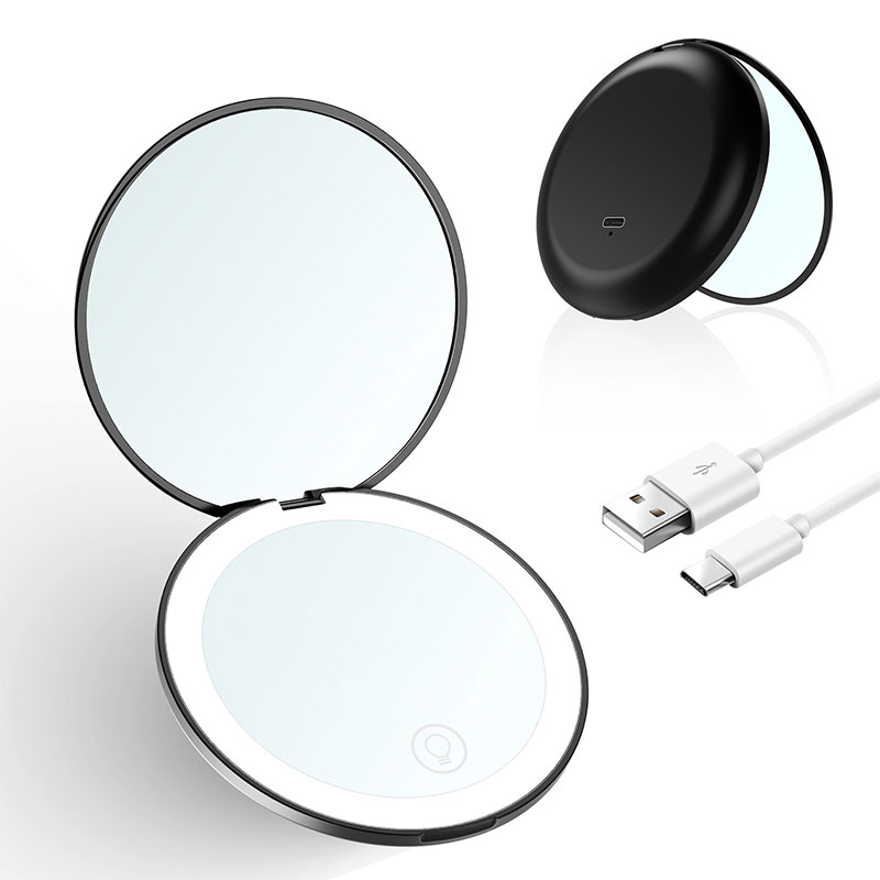 Miroir de maquillage rond de poche portable avec lumières LED